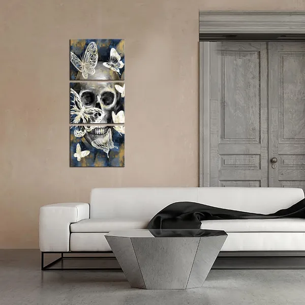 Multicolor_3_Panel_Skull_Wall_Art_Canvas_Modern_Skull_with_Butterflies_Picture_Painting_Print_|_For_Home_Living_Room_Bedroom_Wall_Decoration_Gallery_Canvas_Wrapped_Ready_to_Hang_Each_Piece_12x16