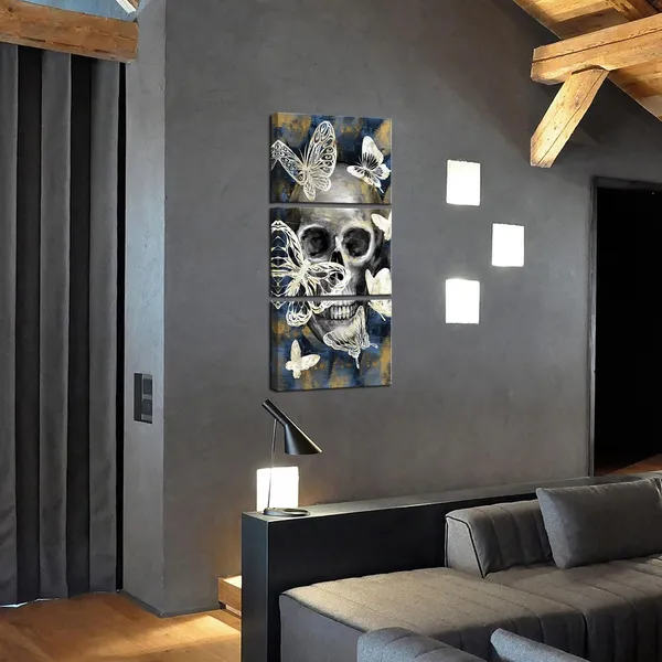 Multicolor_3_Panel_Skull_Wall_Art_Canvas_Modern_Skull_with_Butterflies_Picture_Painting_Print_|_For_Home_Living_Room_Bedroom_Wall_Decoration_Gallery_Canvas_Wrapped_Ready_to_Hang_Each_Piece_12x16