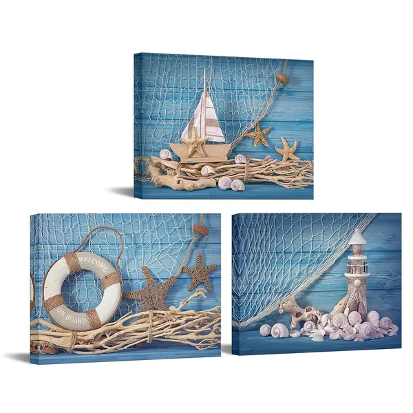 Multicolor_3_Piece_Beach_Canvas_Wall_Art_Seashell_Startfish_with_Blue_Board_Picture_Prints_Maritime_Sailing_Boat_Lighthouse_Poster_Painting_|_For_Bathroom_Gallery_Canvas_Wrapped_Ready_to_Hang