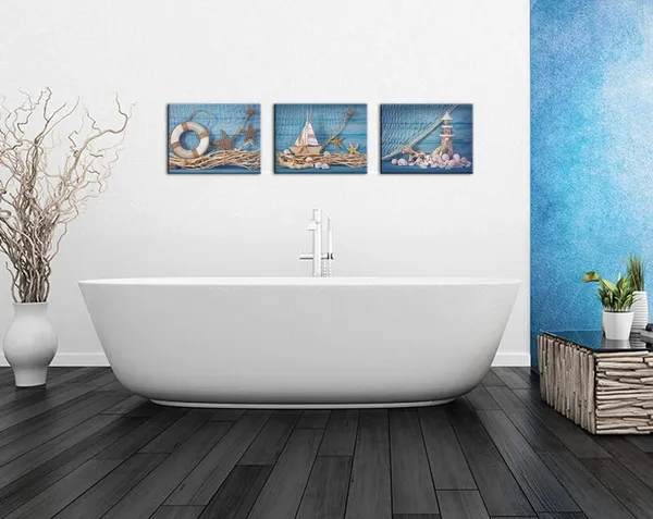 Multicolor_3_Piece_Beach_Canvas_Wall_Art_Seashell_Startfish_with_Blue_Board_Picture_Prints_Maritime_Sailing_Boat_Lighthouse_Poster_Painting_|_For_Bathroom_Gallery_Canvas_Wrapped_Ready_to_Hang