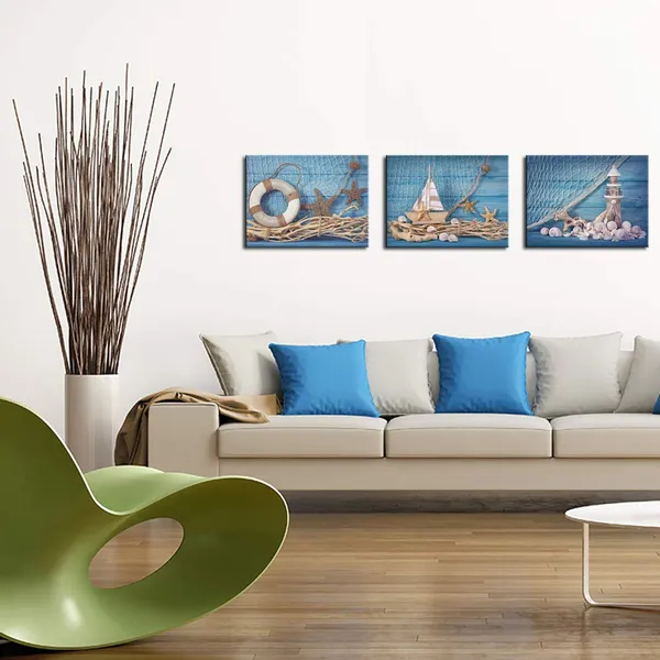 Multicolor_3_Piece_Beach_Canvas_Wall_Art_Seashell_Startfish_with_Blue_Board_Picture_Prints_Maritime_Sailing_Boat_Lighthouse_Poster_Painting_|_For_Bathroom_Gallery_Canvas_Wrapped_Ready_to_Hang