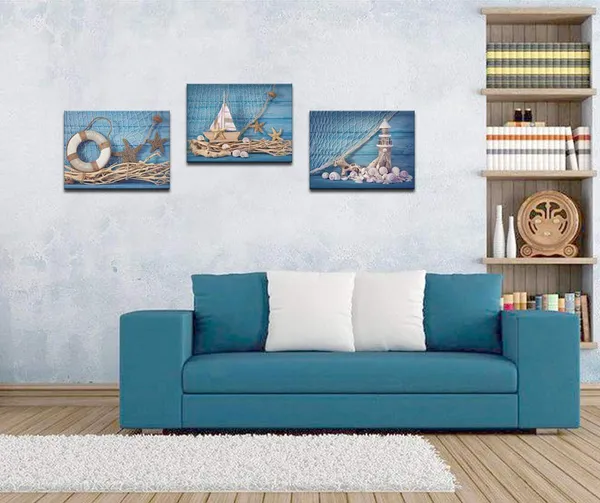 Multicolor_3_Piece_Beach_Canvas_Wall_Art_Seashell_Startfish_with_Blue_Board_Picture_Prints_Maritime_Sailing_Boat_Lighthouse_Poster_Painting_|_For_Bathroom_Gallery_Canvas_Wrapped_Ready_to_Hang