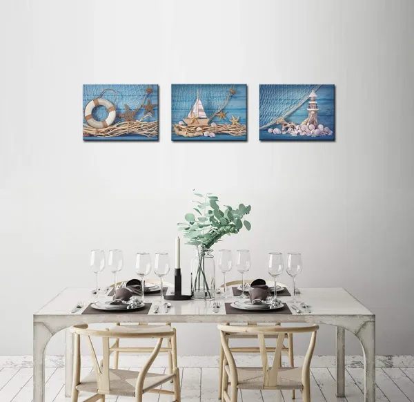 Multicolor_3_Piece_Beach_Canvas_Wall_Art_Seashell_Startfish_with_Blue_Board_Picture_Prints_Maritime_Sailing_Boat_Lighthouse_Poster_Painting_|_For_Bathroom_Gallery_Canvas_Wrapped_Ready_to_Hang