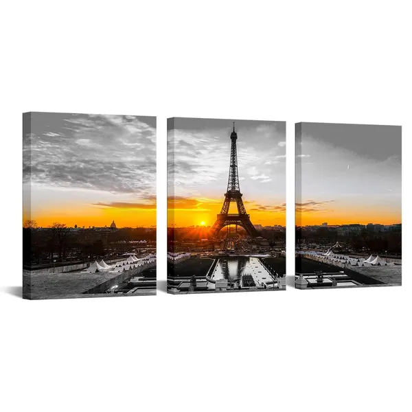 Multicolor_3_Piece_Paris_Canvas_Wall_Art_Black_and_White_Eiffel_Tower_at_Gold_Sunrise_Picture_Painting_Modern_Cityscape_Poster_Artwork_Framed_|_For_Home_Office_Bedroom_Decor_Ready_to_Hang