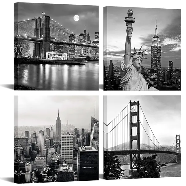 Multicolor_Modern_Black_and_White_York_Wall_Art_Brooklyn_Bridge_Empire_State_Building_Golden_Gate_Bridge_Statue_of_Liberty_Picture_on_Canvas_Print_Painting_Wall_Decoration_Framed