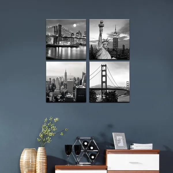 Multicolor_Modern_Black_and_White_York_Wall_Art_Brooklyn_Bridge_Empire_State_Building_Golden_Gate_Bridge_Statue_of_Liberty_Picture_on_Canvas_Print_Painting_Wall_Decoration_Framed