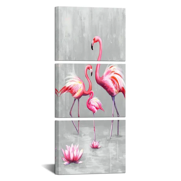 Multicolor_3_Panel_Animal_Canvas_Wall_Art_Pink_Flamingo_Family_with_Lotus_Flower_Painting_Picture_Animal_Love_Canvas_Prints_Pink_and_gray_Artwork_Stretched_Living_Room_Bedroom_Decor_Each_Piece_12x16