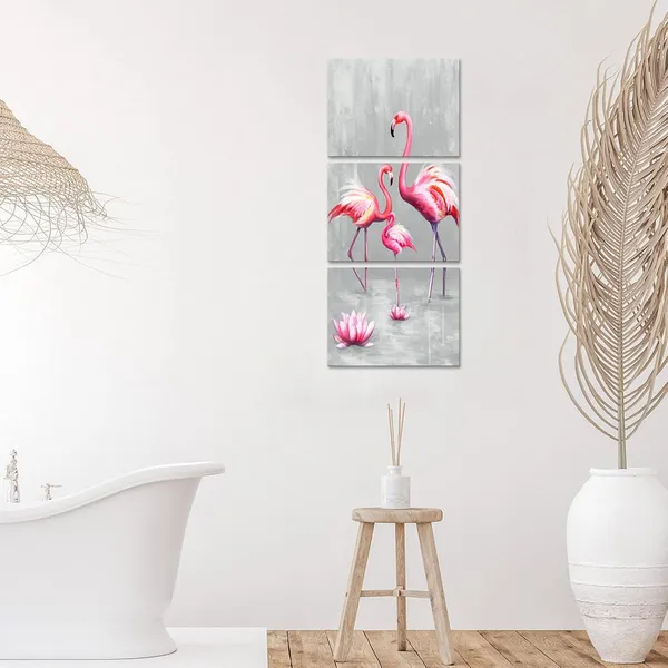 Multicolor_3_Panel_Animal_Canvas_Wall_Art_Pink_Flamingo_Family_with_Lotus_Flower_Painting_Picture_Animal_Love_Canvas_Prints_Pink_and_gray_Artwork_Stretched_Living_Room_Bedroom_Decor_Each_Piece_12x16