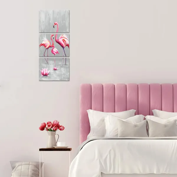 Multicolor_3_Panel_Animal_Canvas_Wall_Art_Pink_Flamingo_Family_with_Lotus_Flower_Painting_Picture_Animal_Love_Canvas_Prints_Pink_and_gray_Artwork_Stretched_Living_Room_Bedroom_Decor_Each_Piece_12x16