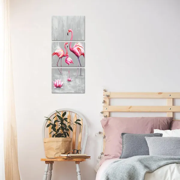 Multicolor_3_Panel_Animal_Canvas_Wall_Art_Pink_Flamingo_Family_with_Lotus_Flower_Painting_Picture_Animal_Love_Canvas_Prints_Pink_and_gray_Artwork_Stretched_Living_Room_Bedroom_Decor_Each_Piece_12x16