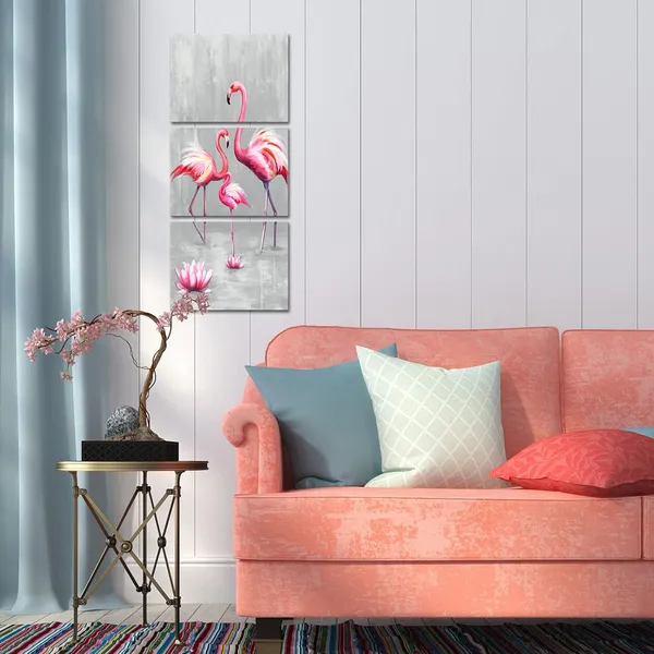 Multicolor_3_Panel_Animal_Canvas_Wall_Art_Pink_Flamingo_Family_with_Lotus_Flower_Painting_Picture_Animal_Love_Canvas_Prints_Pink_and_gray_Artwork_Stretched_Living_Room_Bedroom_Decor_Each_Piece_12x16