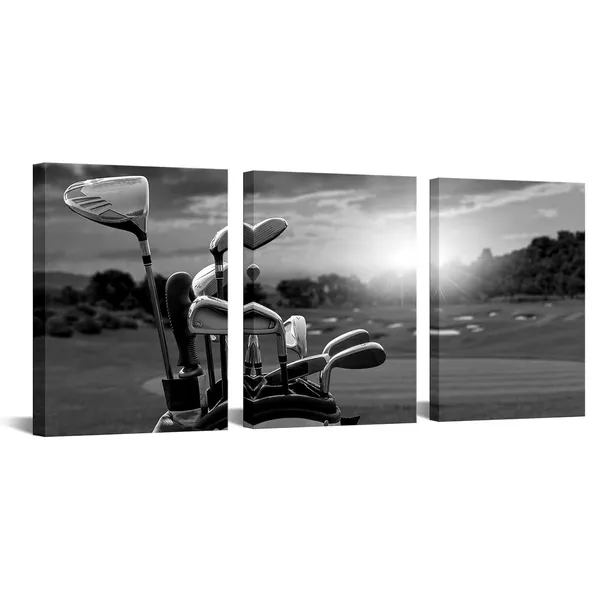 Multicolor_3_Panel_Black_and_White_Golf_Canvas_Wall_Art_Golf_Course_at_Sunset_Landscape_Pictures_Painting_Golfing_Sports_Artwork_Decor_|_For_Living_Room_Gym_Ready_to_Hang_(Small)