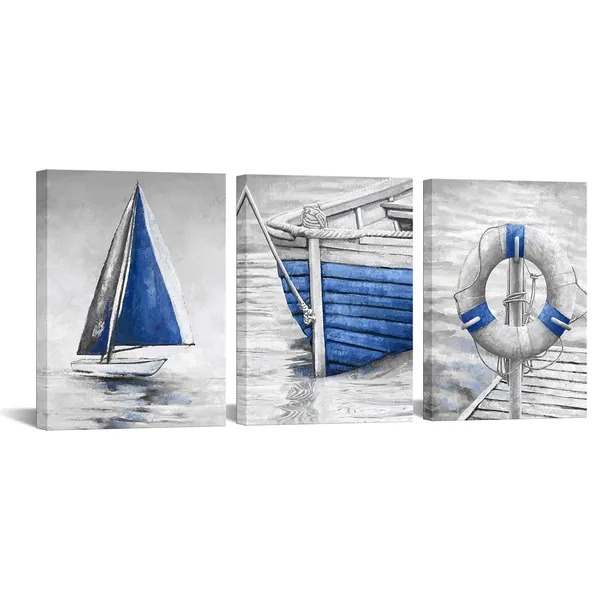 Multicolor_Grey_and_Blue_Bathroom_Wall_Art_Fishing_Boat_Painting_Canvas_Prints_Modern_Nautical_Pictures_Artwork_|_For_Bedroom_(Blue)