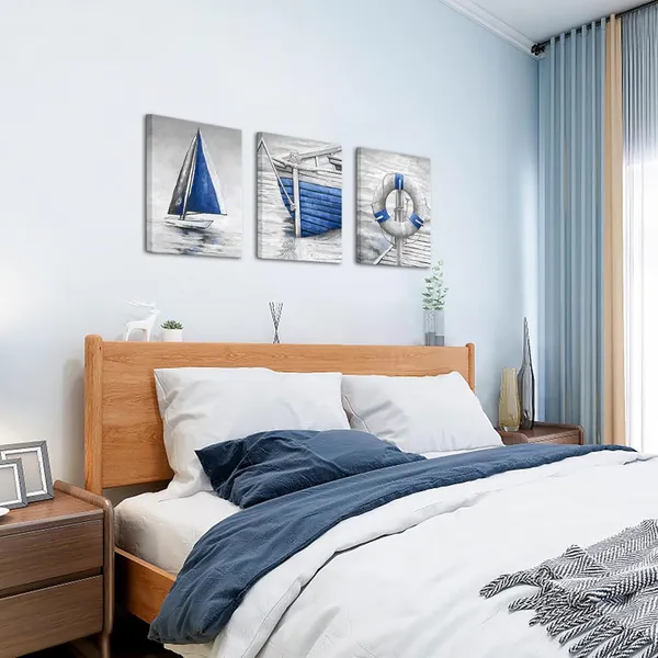 Multicolor_Grey_and_Blue_Bathroom_Wall_Art_Fishing_Boat_Painting_Canvas_Prints_Modern_Nautical_Pictures_Artwork_|_For_Bedroom_(Blue)
