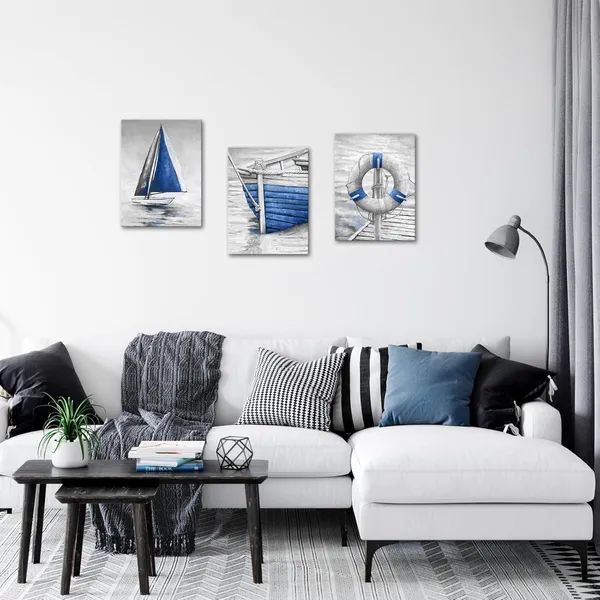 Multicolor_Grey_and_Blue_Bathroom_Wall_Art_Fishing_Boat_Painting_Canvas_Prints_Modern_Nautical_Pictures_Artwork_|_For_Bedroom_(Blue)