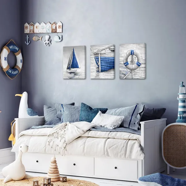 Multicolor_Grey_and_Blue_Bathroom_Wall_Art_Fishing_Boat_Painting_Canvas_Prints_Modern_Nautical_Pictures_Artwork_|_For_Bedroom_(Blue)