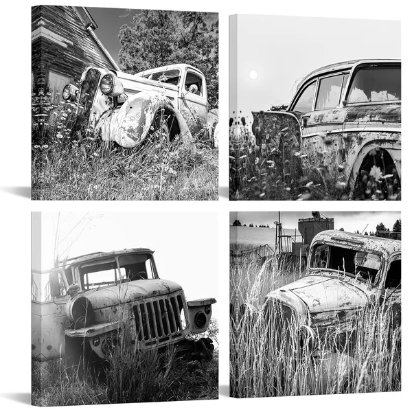 Multicolor_Farmhouse_Old_Truck_Canvas_Wall_Art_Rusty_Car_Pictures_Vintage_Country_Style_Artwork_Farm_Wall_Decorations_(Small)