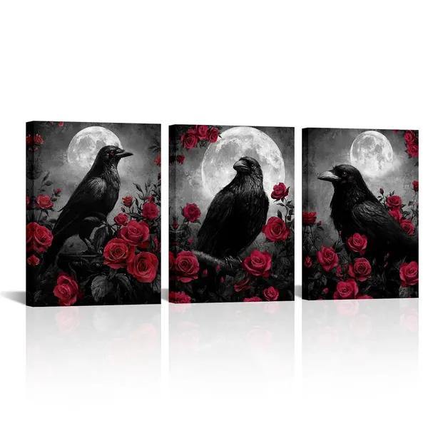 Multicolor_Crow_Canvas_Wall_Art_Gothic_Crow_with_Rose_Painting_Spooky_Pictures_Bathroom_Bedroom_Wall_Decor_(Red)