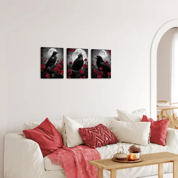Multicolor_Crow_Canvas_Wall_Art_Gothic_Crow_with_Rose_Painting_Spooky_Pictures_Bathroom_Bedroom_Wall_Decor_(Red)