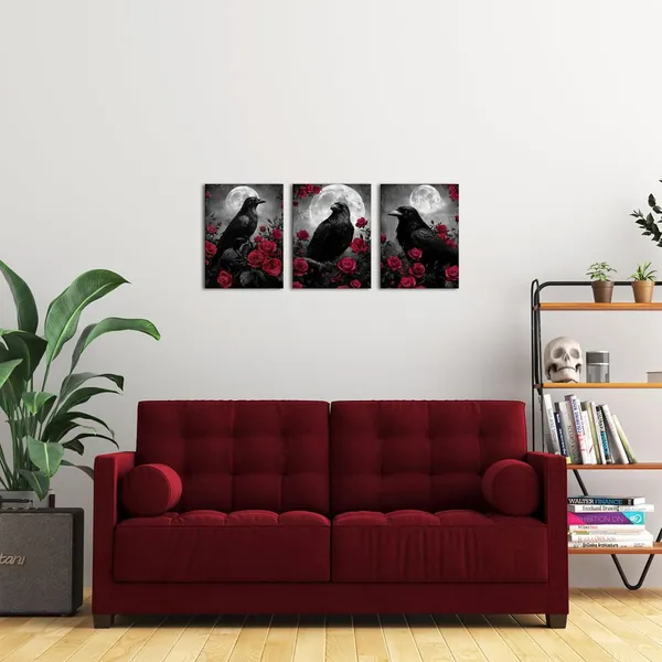 Multicolor_Crow_Canvas_Wall_Art_Gothic_Crow_with_Rose_Painting_Spooky_Pictures_Bathroom_Bedroom_Wall_Decor_(Red)
