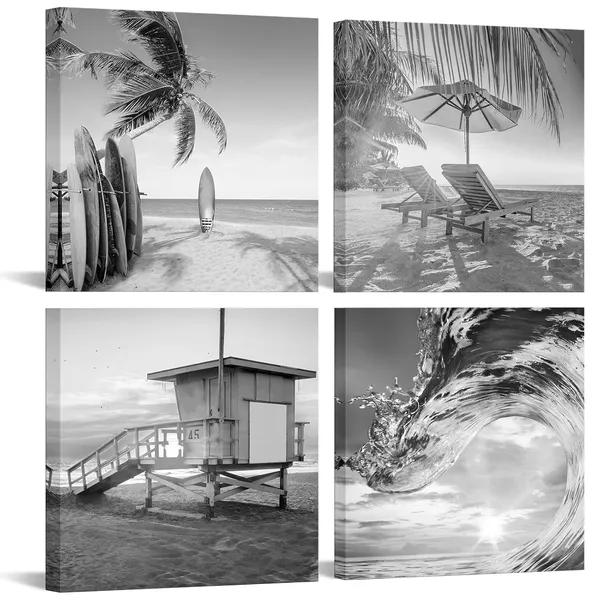 Multicolor_Black_and_White_Beach_Scene_Wall_Art_Ocean_Wave_Picture_Painting_Tropical_Seascape_Canvas_Print_|_For_Bedroom_Bathroom_Decor_(Small)