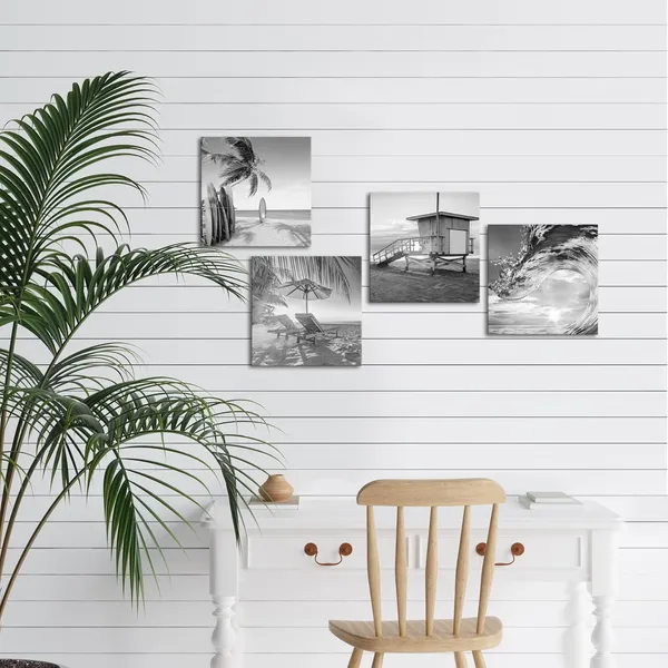 Multicolor_Black_and_White_Beach_Scene_Wall_Art_Ocean_Wave_Picture_Painting_Tropical_Seascape_Canvas_Print_|_For_Bedroom_Bathroom_Decor_(Small)