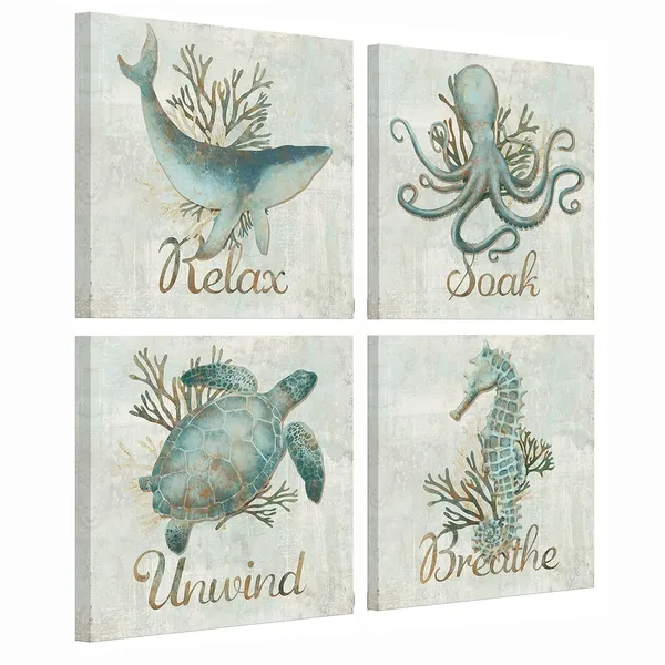 Multicolor_4_Piece_Bathroom_Wall_Art_Relax_Soak_Unwind_Breathe_Sign_Poster_Vintage_Beach_Theme_Teal_Sea_Turtle_Seahorse_Octopus_Dolphin_Painting_Canvas_Print_|_For_Home_Bedroom