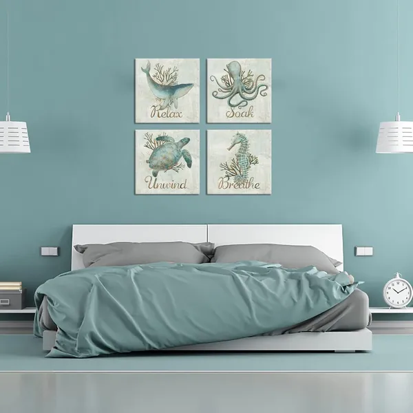 Multicolor_4_Piece_Bathroom_Wall_Art_Relax_Soak_Unwind_Breathe_Sign_Poster_Vintage_Beach_Theme_Teal_Sea_Turtle_Seahorse_Octopus_Dolphin_Painting_Canvas_Print_|_For_Home_Bedroom