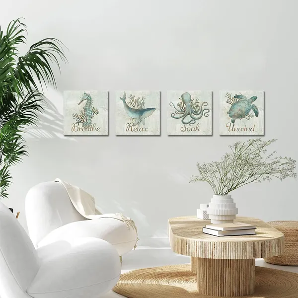 Multicolor_4_Piece_Bathroom_Wall_Art_Relax_Soak_Unwind_Breathe_Sign_Poster_Vintage_Beach_Theme_Teal_Sea_Turtle_Seahorse_Octopus_Dolphin_Painting_Canvas_Print_|_For_Home_Bedroom