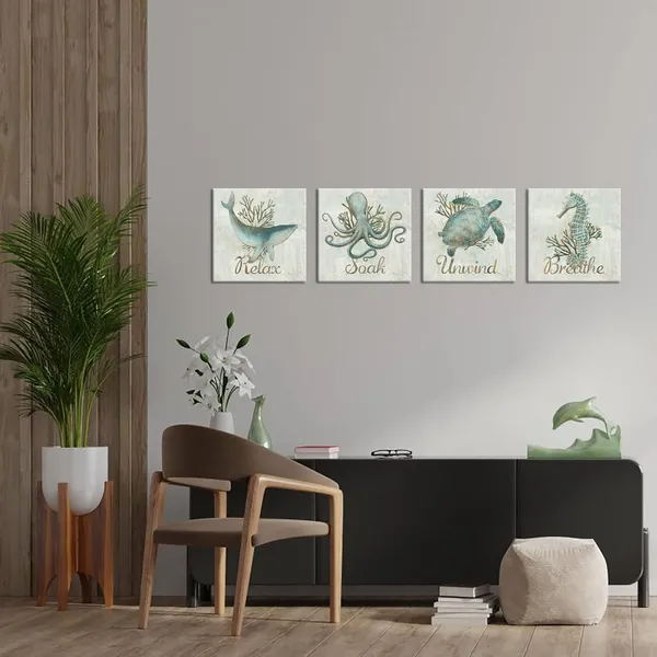 Multicolor_4_Piece_Bathroom_Wall_Art_Relax_Soak_Unwind_Breathe_Sign_Poster_Vintage_Beach_Theme_Teal_Sea_Turtle_Seahorse_Octopus_Dolphin_Painting_Canvas_Print_|_For_Home_Bedroom