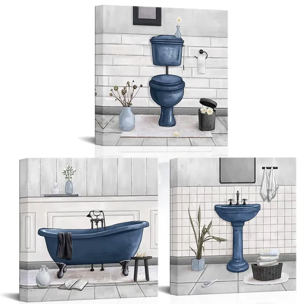 Deep_Blue_Bathroom_Wall_Art_Bath_Tub_Painting_Picture_Bathroom_Wall_Decor_Framed_Ready_To_Hang_12X12Inchx3,Deep_Blue