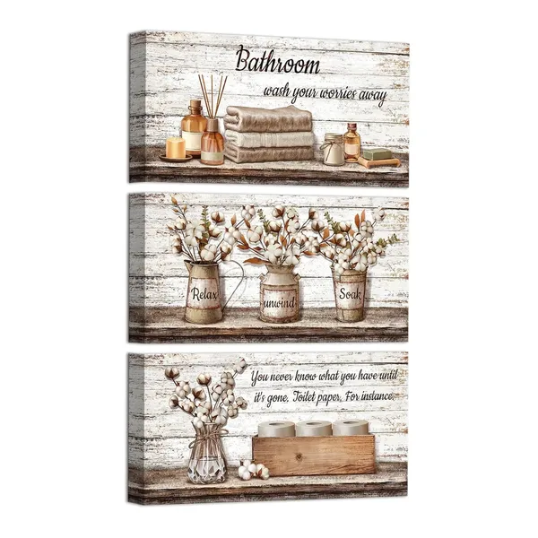 Brown_Bathroom_Signs_Farmhouse_Bathroom_Wall_Decor_Pictures_Canvas_Wall_Art_|_For_Bathroom_Decor_Framed_6X12Inchx3Pieces_(Brown)