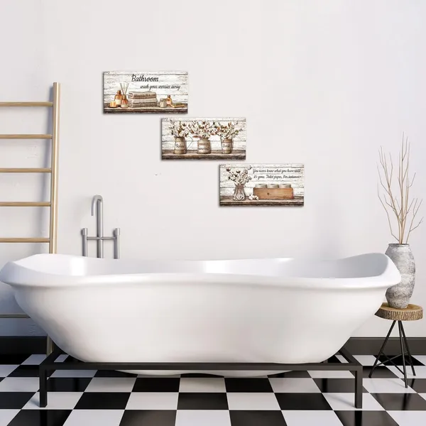 Brown_Bathroom_Signs_Farmhouse_Bathroom_Wall_Decor_Pictures_Canvas_Wall_Art_|_For_Bathroom_Decor_Framed_6X12Inchx3Pieces_(Brown)