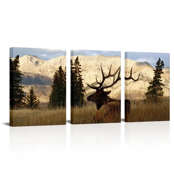 Multicolor_Canvas_Prints_Elk_Pictures_Wildlife_Animal_Deer_In_Autumn_|_Forest_Painting_Giclee_Artwork_Framed_Ready_To_Hang_12"X16"X3_Panels