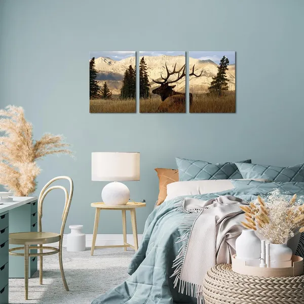 Multicolor_Canvas_Prints_Elk_Pictures_Wildlife_Animal_Deer_In_Autumn_|_Forest_Painting_Giclee_Artwork_Framed_Ready_To_Hang_12"X16"X3_Panels