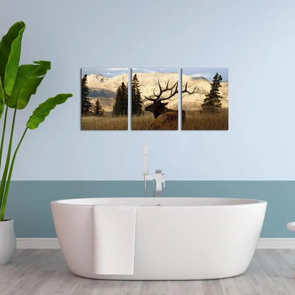 Multicolor_Canvas_Prints_Elk_Pictures_Wildlife_Animal_Deer_In_Autumn_|_Forest_Painting_Giclee_Artwork_Framed_Ready_To_Hang_12"X16"X3_Panels