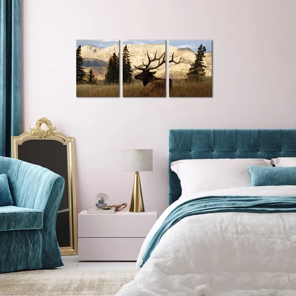 Multicolor_Canvas_Prints_Elk_Pictures_Wildlife_Animal_Deer_In_Autumn_|_Forest_Painting_Giclee_Artwork_Framed_Ready_To_Hang_12"X16"X3_Panels