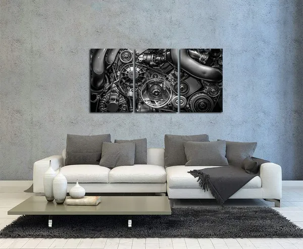 Black_3_Piece_Canvas_Prints_Engine_Engineering_Wall_Art_Closeup_Gear_And_Chain_Black_And_White_Picture_Modern_Home_Decor_Stretched_And_Framed_Ready_To_Hang_16"X24"X3Pcs