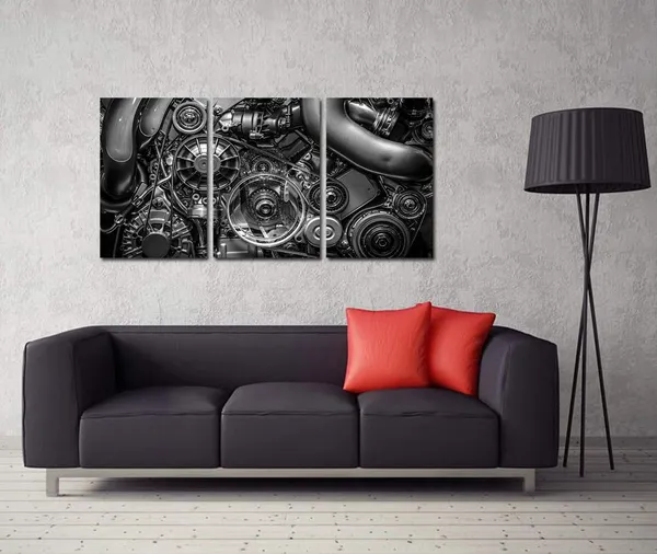 Black_3_Piece_Canvas_Prints_Engine_Engineering_Wall_Art_Closeup_Gear_And_Chain_Black_And_White_Picture_Modern_Home_Decor_Stretched_And_Framed_Ready_To_Hang_16"X24"X3Pcs