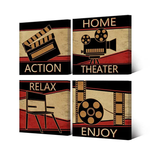 Bright_Brown_Home_Theater_Cinema_Canvas_Wall_Art_Prints_Classic_Vintage_Movie_Film_Painting_Family_Entertainment_Media_Room_Decor_Stretched_Framed_Artwork_12"X12"X4_Panels