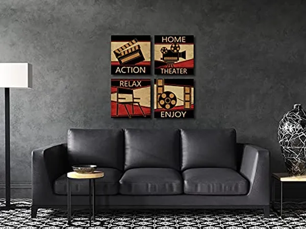 Bright_Brown_Home_Theater_Cinema_Canvas_Wall_Art_Prints_Classic_Vintage_Movie_Film_Painting_Family_Entertainment_Media_Room_Decor_Stretched_Framed_Artwork_12"X12"X4_Panels