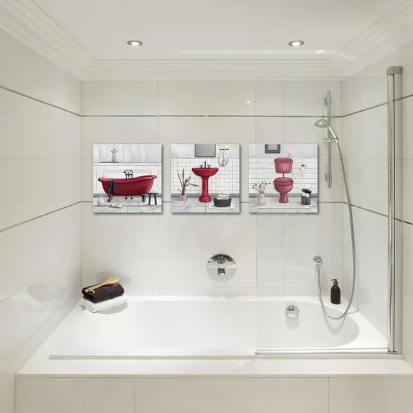 Red_Bathroom_Wall_Art_Bath_Tub_Painting_Picture_Bathroom_Wall_Decor_Framed_Ready_To_Hang_12X12Inchx3_(Red)