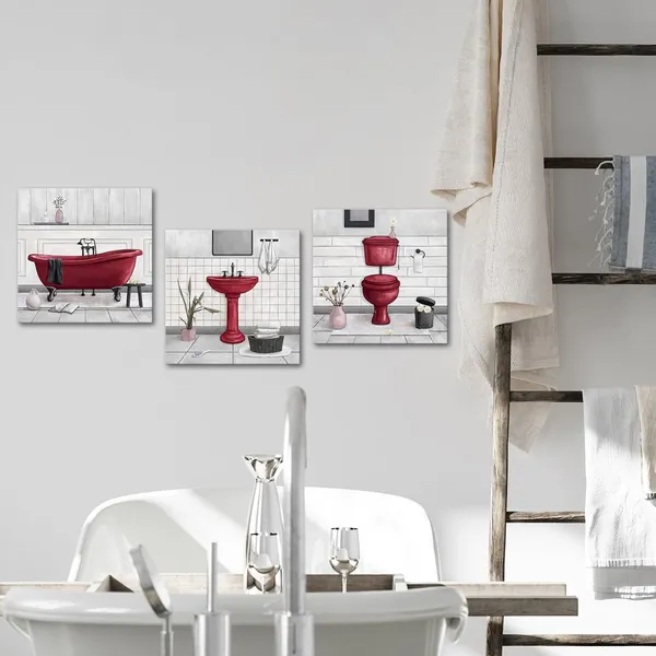Red_Bathroom_Wall_Art_Bath_Tub_Painting_Picture_Bathroom_Wall_Decor_Framed_Ready_To_Hang_12X12Inchx3_(Red)