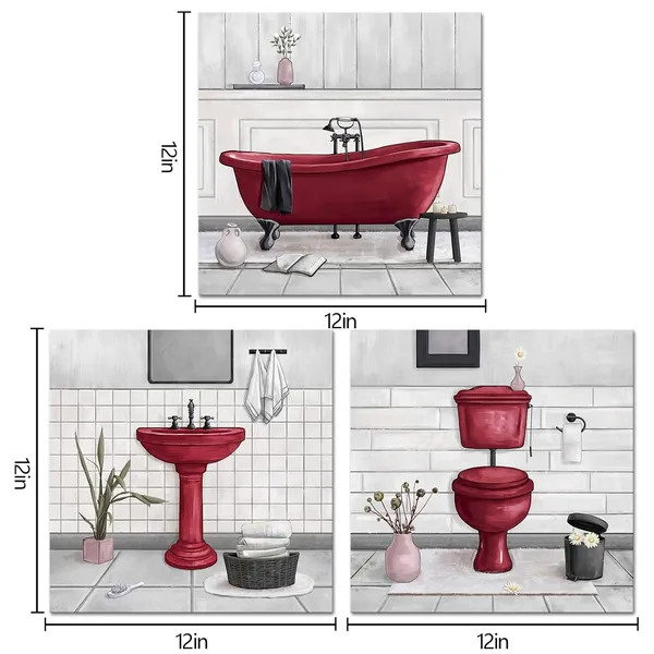 Red_Bathroom_Wall_Art_Bath_Tub_Painting_Picture_Bathroom_Wall_Decor_Framed_Ready_To_Hang_12X12Inchx3_(Red)
