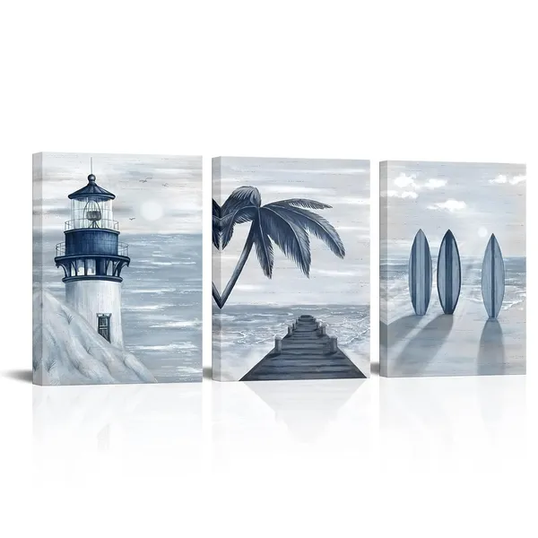 Multicolor_Beach_Wall_Art_3_Pcs_Ocean_Blue_Pier_Lighthouse_Coastal_Seascape_Painting_Prints_Nautical_Living_Room_Bedroom_Bathroom_Decor_12"X16"X3_Pcs