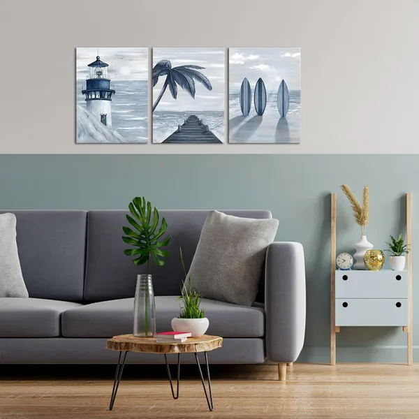 Multicolor_Beach_Wall_Art_3_Pcs_Ocean_Blue_Pier_Lighthouse_Coastal_Seascape_Painting_Prints_Nautical_Living_Room_Bedroom_Bathroom_Decor_12"X16"X3_Pcs