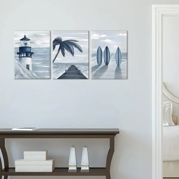 Multicolor_Beach_Wall_Art_3_Pcs_Ocean_Blue_Pier_Lighthouse_Coastal_Seascape_Painting_Prints_Nautical_Living_Room_Bedroom_Bathroom_Decor_12"X16"X3_Pcs