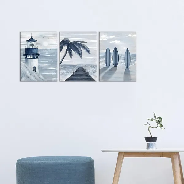 Multicolor_Beach_Wall_Art_3_Pcs_Ocean_Blue_Pier_Lighthouse_Coastal_Seascape_Painting_Prints_Nautical_Living_Room_Bedroom_Bathroom_Decor_12"X16"X3_Pcs