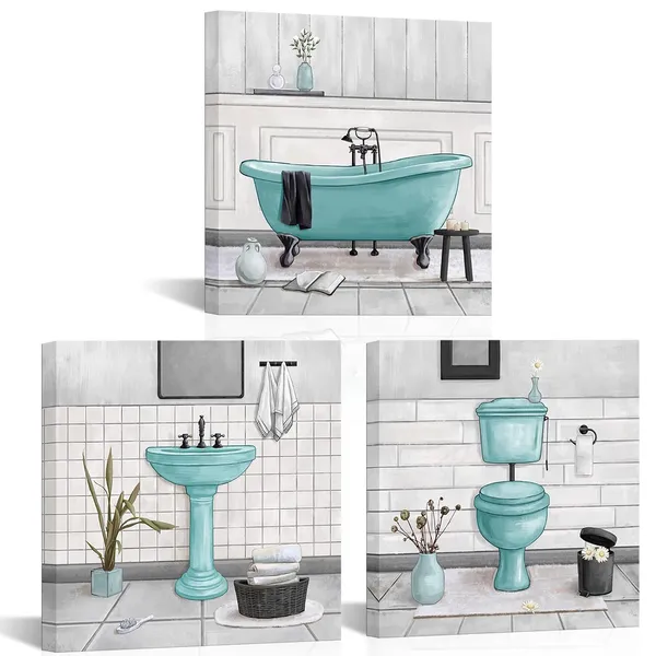 Multicolor_Bathroom_Wall_Art_Bath_Tub_Painting_Picture_Bathroom_Wall_Decor_Framed_Ready_To_Hang_12X12Inchx3,Turquoise