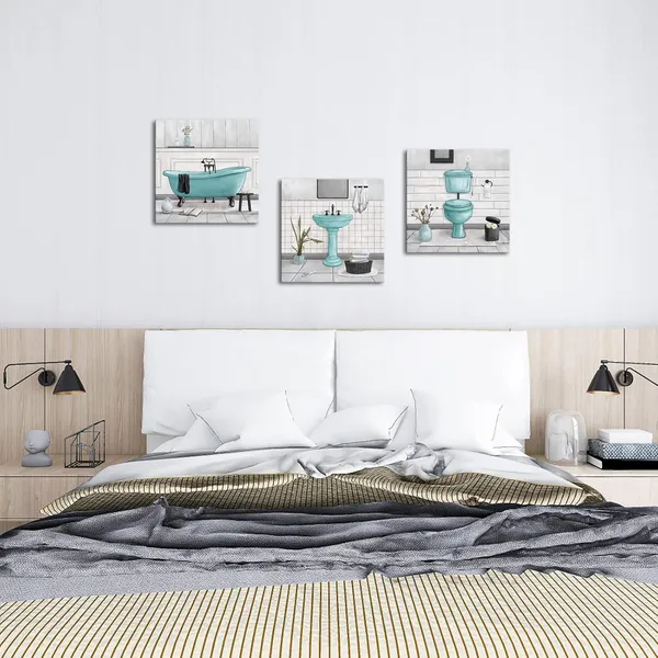 Multicolor_Bathroom_Wall_Art_Bath_Tub_Painting_Picture_Bathroom_Wall_Decor_Framed_Ready_To_Hang_12X12Inchx3,Turquoise